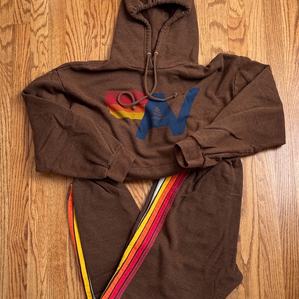 Aviator Nation Brown Hoodie & sweatpants with Multicolor Stripes